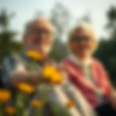 An elderly couple enjoying a leisurely activity outdoors