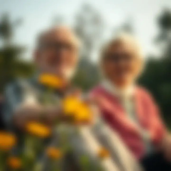 An elderly couple enjoying a leisurely activity outdoors