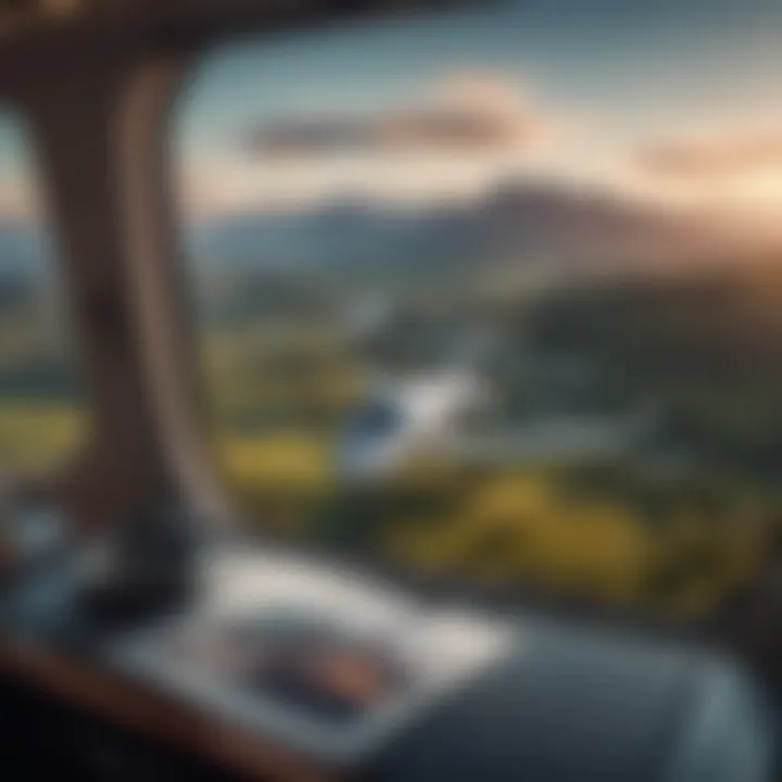 A scenic view from the window of a private jet flying over picturesque landscapes.