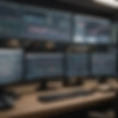 A close-up of a trader's workspace with multiple monitors