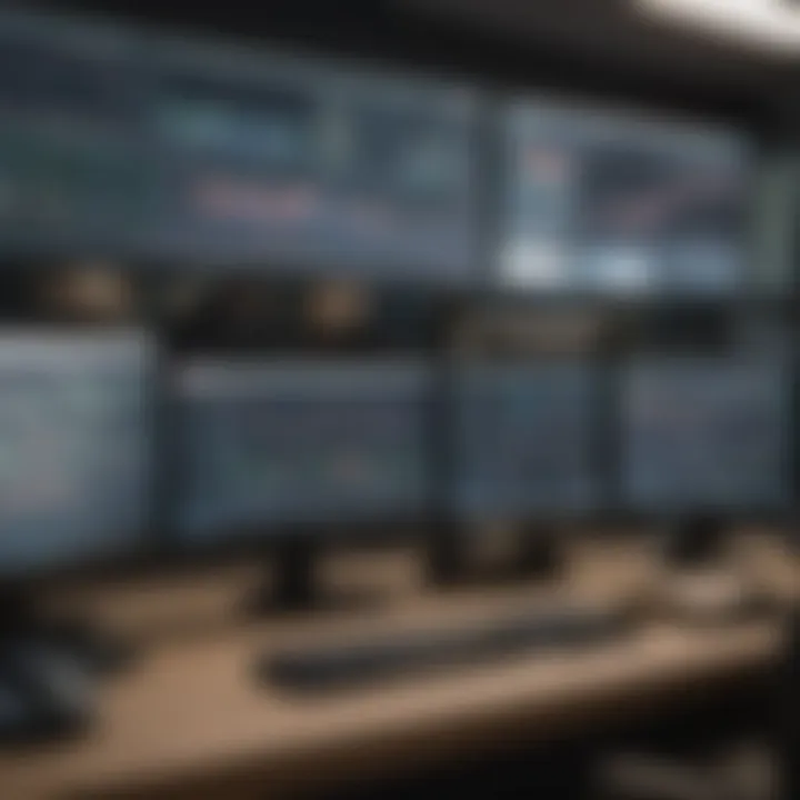 A close-up of a trader's workspace with multiple monitors