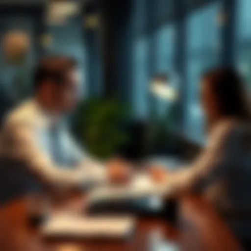 A professional tax consultant discussing options with a client at a desk