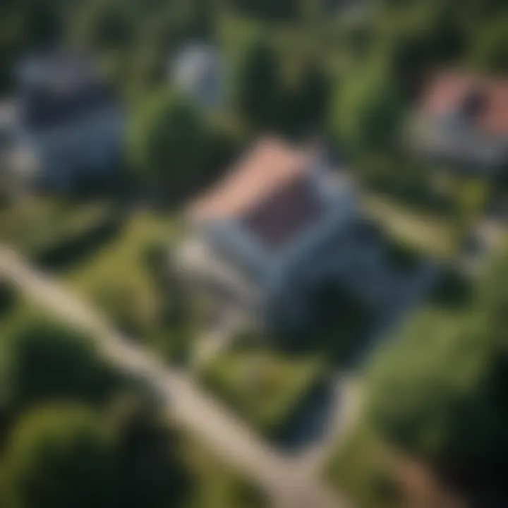 Aerial view of a foreclosed property with overgrown yard