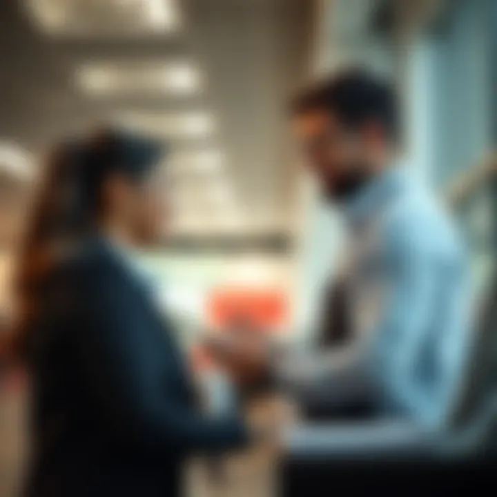 Customer service representatives assisting clients at a bank