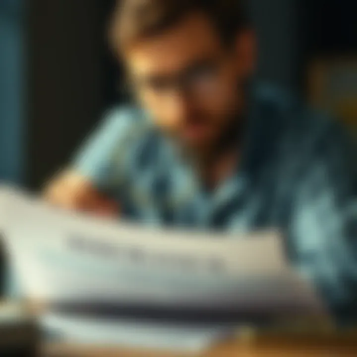 Thorough Insurance Evaluation A thoughtful individual reviewing insurance documents with a magnifying glass