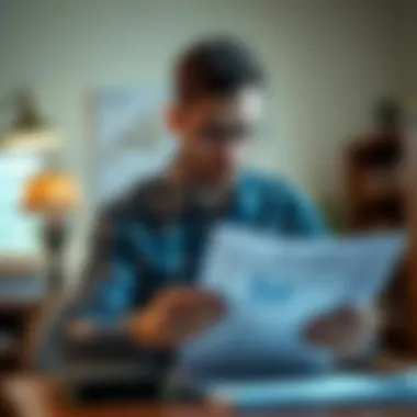 A person contemplating various financial documents and options.