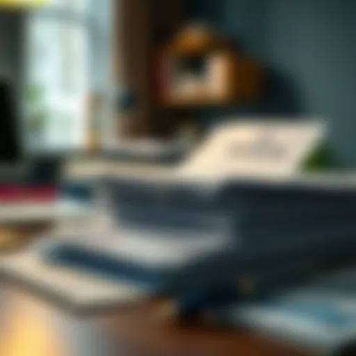 Scholarship application documents organized on a desk