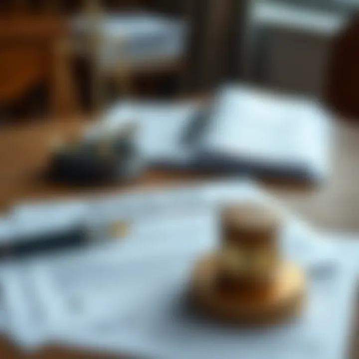 Legal documents and contracts on a wooden desk.