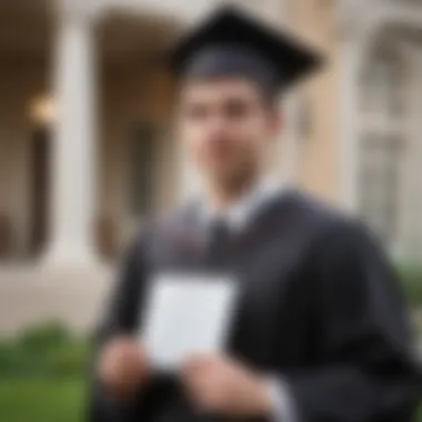 A graduate holding a diploma with an American university in the background.