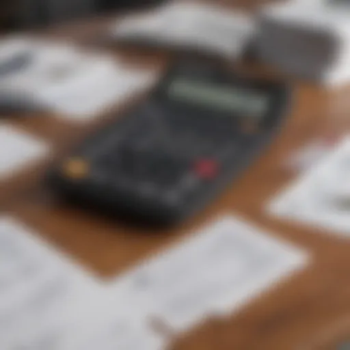 A calculator and tax forms laid out on a wooden table.