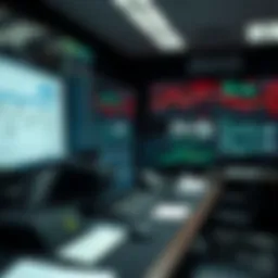 Overview of a fixed income trading desk with trading screens and market data